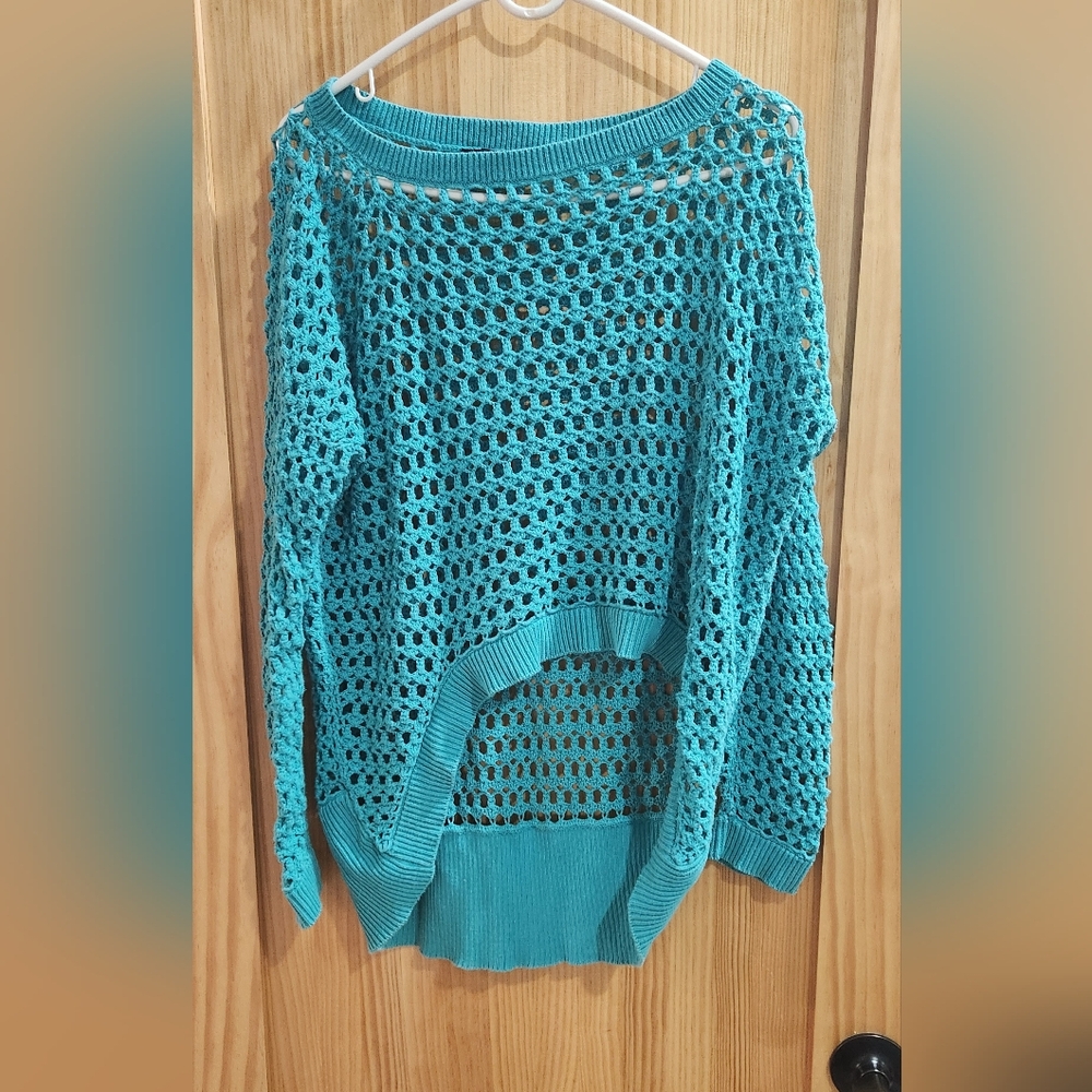 Karen Kane  Turquoise High Low Crochet Sweater, S